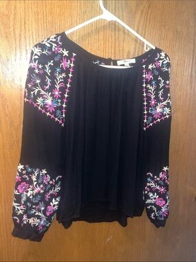 Andree Black Tunic Top with Pink and Cream Floral Embroidery